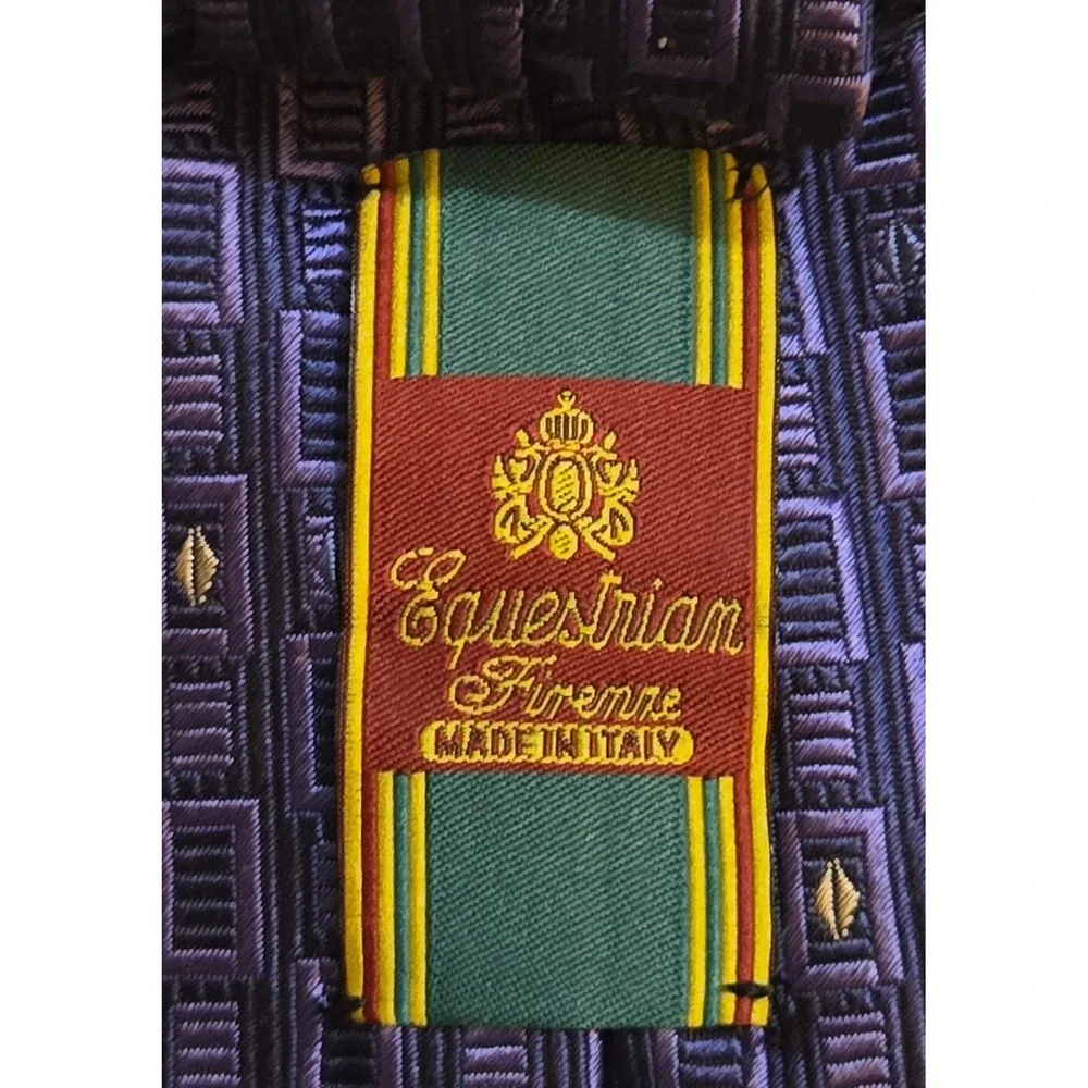 Equestrian Firenze Mens Blue Geometric Silk Tie Made in Italy Luxury Necktie